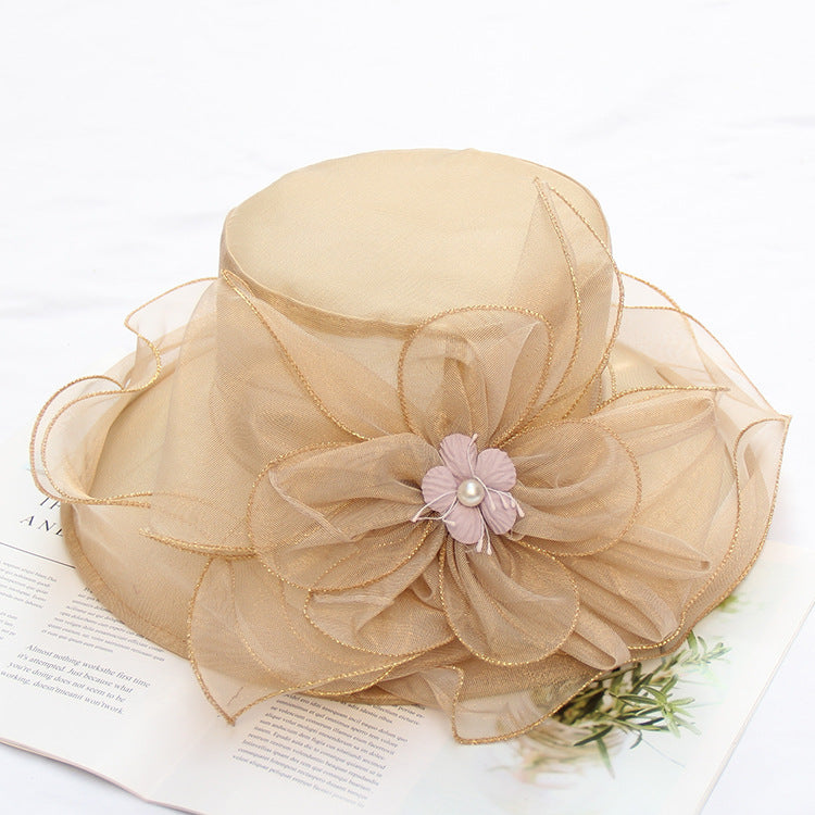 Wholesale Mesh Sun Hat Organza Flower Pot Hat Big Eaves Foldable Beach Sun Hat